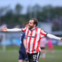 Derry City's flying Scotsman Paul McMullan celebrates putting the Candy Stripes in front against Shelbourne at Brandywell. Photograph by Kevin Moore.