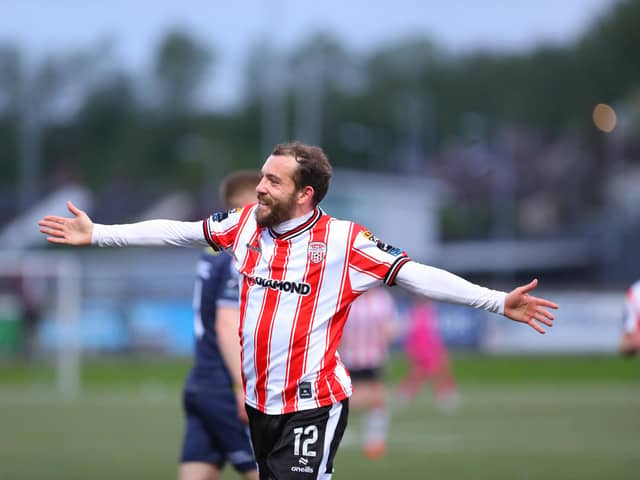 Derry City's flying Scotsman Paul McMullan celebrates putting the Candy Stripes in front against Shelbourne at Brandywell. Photograph by Kevin Moore.