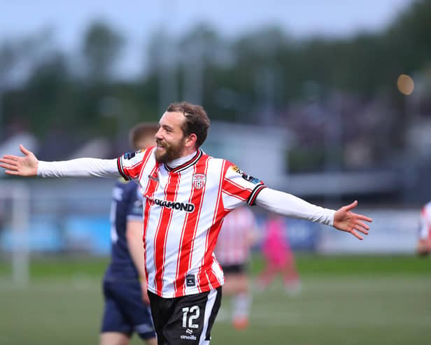 Derry City's flying Scotsman Paul McMullan celebrates putting the Candy Stripes in front against Shelbourne at Brandywell. Photograph by Kevin Moore.