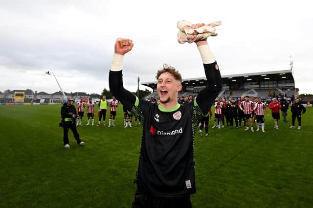 Derry City goalkeeper Tom Norcott celebrates following the FAI Cup semi-final win over Galway at Eamonn Deacy Park in Galway. Photo by Stephen McCarthy/Sportsfile