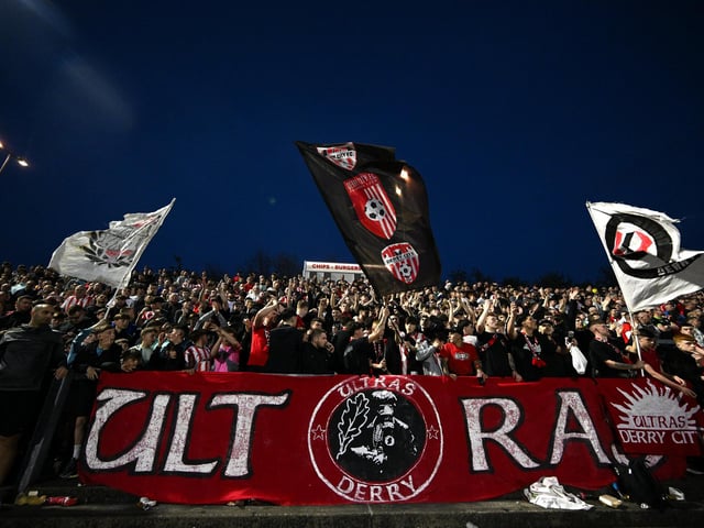 The Derry City ultras during the SSE Airtricity Men's Premier Division match between Derry City and Shamrock Rovers at Find Insurance Celtic Park in Derry. Photo by Ramsey Cardy/Sportsfile
