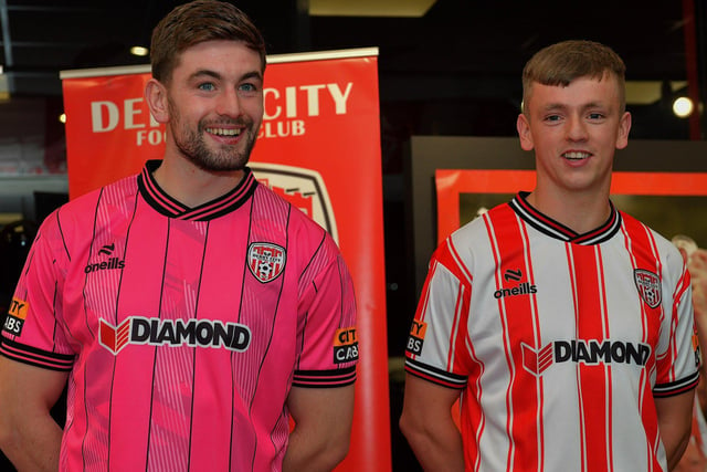 Derry City players Tadhg Ryan and Carion Harkin pictured at the official launch of the club’s 2024 home shirt at O’Neill’s superstore on Wednesday evening. Photo: George Sweeney