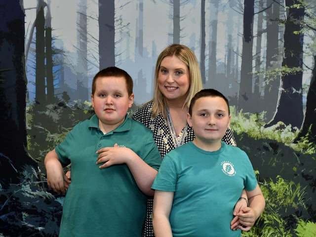 Mrs Harkin with her P7 pupils at Ardnashee Academy, Northland Road.