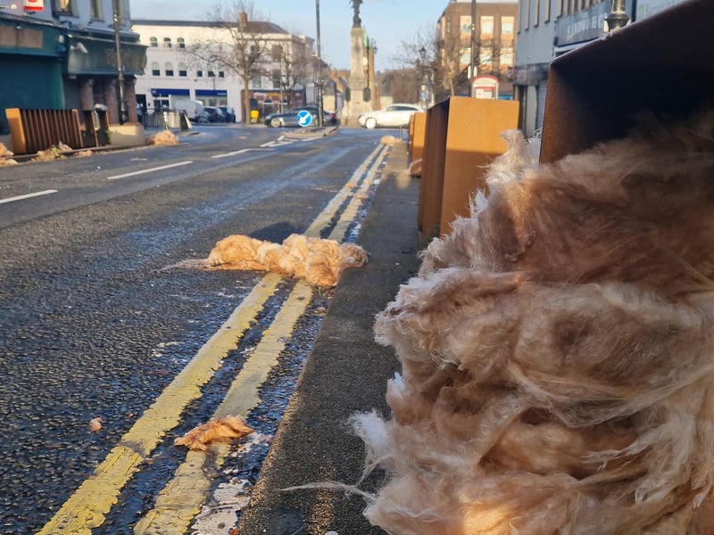 Insulation material that was blown onto Bishop Street.