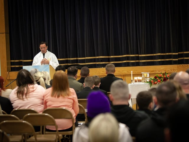 Fr. Shaun Doherty addressing the Year 8 students during Thursday's Mass.