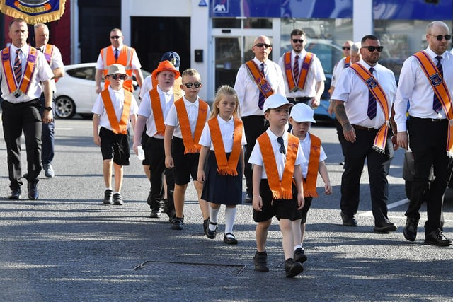 Children participate in the July 12 celebrations in Derry’s city centre on Saturday morning. Photo: George Sweeney
