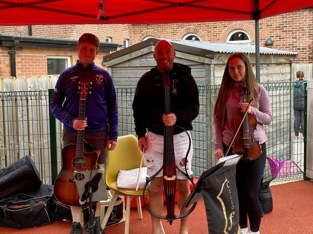 Musicians Oliver Barron (Cello Fella), Peadar Kelly and Róise Kelly who played at Action for Children's Surestart Top of the Tots event on Friday.