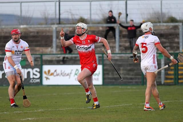 Sean Kelly of Derry celebrates his crucial goal against Tyrone. Photo: George Sweeney