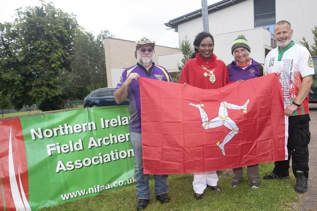 The Mayor, Lillian Seenoi-Barr pictured with the Isle of Man team at Sunday's UK and Ireland Field Archery Championships held in the grounds of Oakgrove Integrated College, Derry. (Photos: Jim McCafferty Photography)