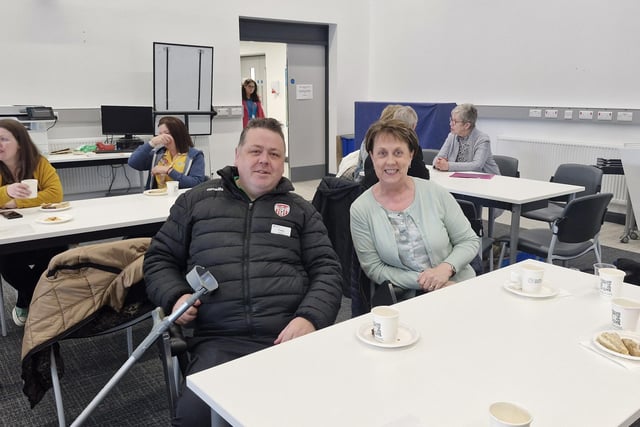 Altnagelvin Volunteer Recognition event April 2024, Frank McConnellogue, Macmillan, Kathy Crawford ED refreshment.