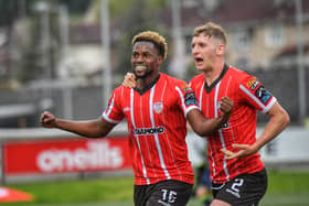 Sadou Diallo celebrates with Ronan Boyce after opening the scoring for Derry City in the first half against HB Torshavn. Photograph by George Sweeney.