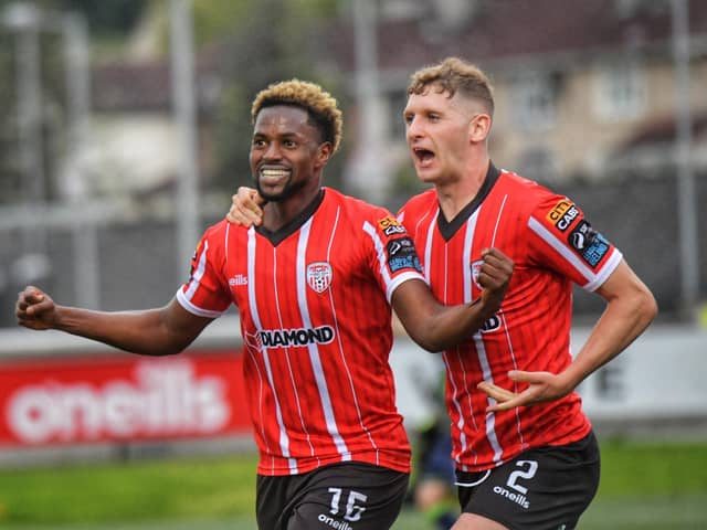 Sadou Diallo celebrates with Ronan Boyce after opening the scoring for Derry City in the first half against HB Torshavn. Photograph by George Sweeney.