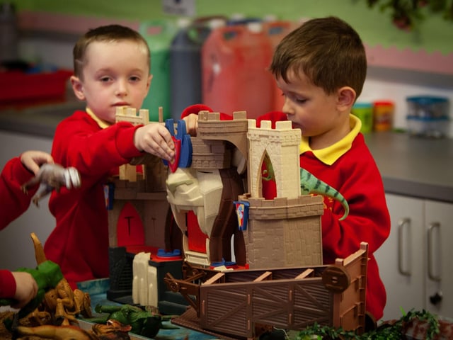 Lucas and Conladh playing 'Castles' at Steelstown PS this week.:.