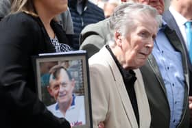 Sean Brown's widow Bridie, with her family, arriving at the High Court in Belfast on Friday. Jonathan Porter/PressEye
