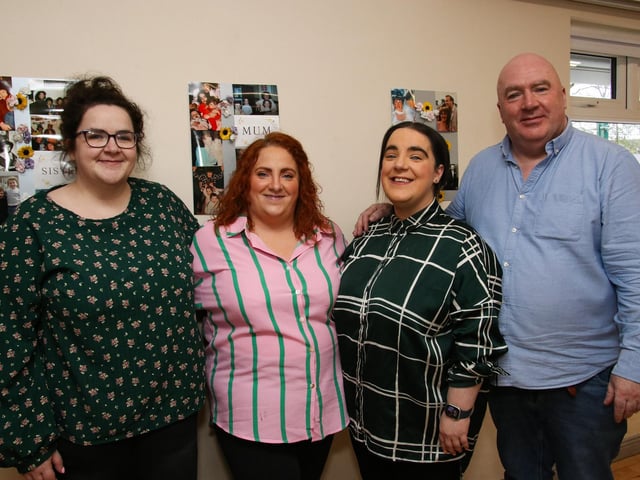 Family members pictured at the “GatherUps Coffee Morning”, in memory of Cathy O’Donnell on her 30th anniversary held in the Ballymagroarty Community Centre. From right, are Dermot (husband), Jenny, Emma and Rachel (daughters). (Photo - Deirdre Heaney, nwpresspics)