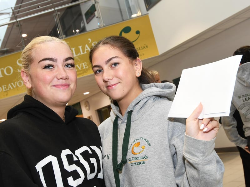 Holly Hutton pictured with her sister Teaghan when she collected her 'A' Level results at St. Cecilia's College.