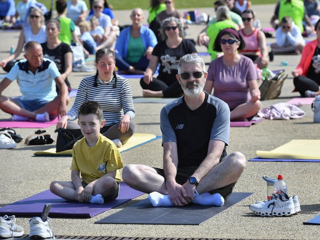 Participants at the Northlands Well Being Yoga event held in Ebrington Square on Saturday morning. The event was part of the Northlands 50th Anniversary Celebrations. Photo: George Sweeney