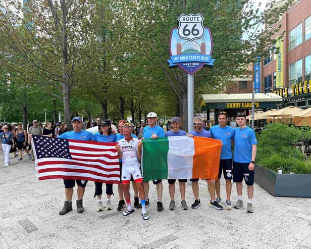 Joe Barr and his team celebrate his new Guinness World Record at the Route 66 finish line.