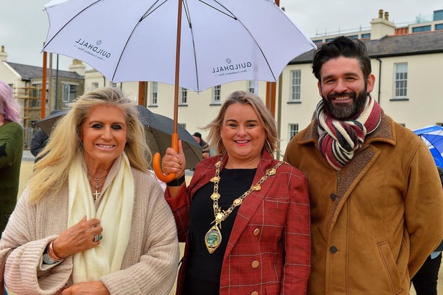 Phil Coulter’s wife Geraldine Brannigan, Mayor Sandra Duffy and tenor George Hutton pictured at Ebrington Square during Phil Coulter’s  live performance of his iconic hit ‘The Town I Loved So Well’ on Saturday afternoon last. Photo: George Sweeney.  DER2240GS – 08