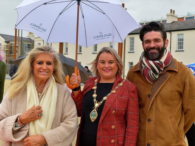 Phil Coulter’s wife Geraldine Brannigan, Mayor Sandra Duffy and tenor George Hutton pictured at Ebrington Square during Phil Coulter’s live performance of his iconic hit ‘The Town I Loved So Well’ on Saturday afternoon last. Photo: George Sweeney. DER2240GS – 08