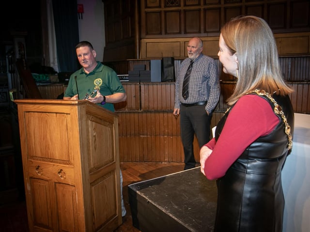 Sports Star award winner Gareth Warren, addressing the attendance at Thursday night's Sports Awards in the Guildhall, Derry.