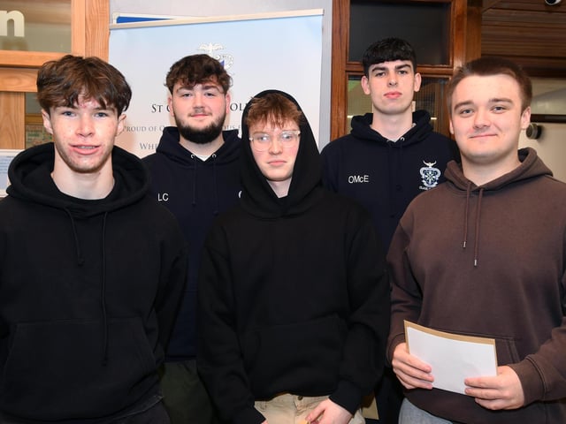 Collecting their results at St. Columb's College were, from left, Reece Monaghan, Luke Carlyle, Jude Hillen, Owen McElhinney and Josh McConnell.