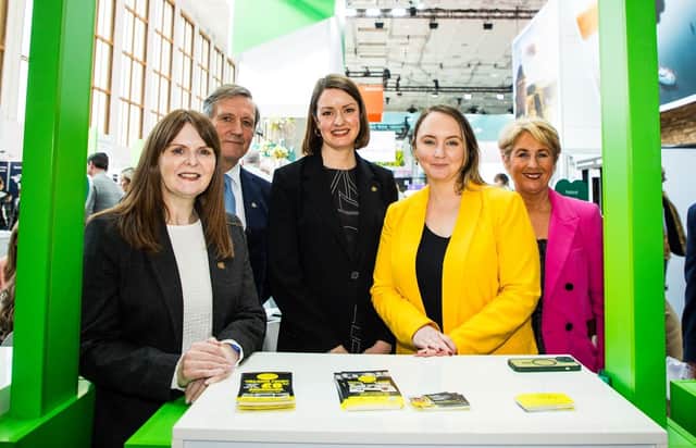 Economy Minister Dr Caoimhe Archibald; Christopher Brooke, Chairman of Tourism Ireland; Alice Mansergh, Chief Executive of Tourism Ireland; Charlene McCrossan, Martin McCrossan City Tours; and Karen Henderson, Visit Derry, on day one of ITB Berlin. Pic – Maren Michaelis (no repro fee)