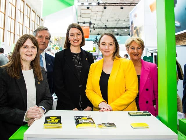 Economy Minister Dr Caoimhe Archibald; Christopher Brooke, Chairman of Tourism Ireland; Alice Mansergh, Chief Executive of Tourism Ireland; Charlene McCrossan, Martin McCrossan City Tours; and Karen Henderson, Visit Derry, on day one of ITB Berlin.  Pic – Maren Michaelis (no repro fee)
