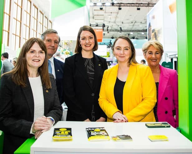Economy Minister Dr Caoimhe Archibald; Christopher Brooke, Chairman of Tourism Ireland; Alice Mansergh, Chief Executive of Tourism Ireland; Charlene McCrossan, Martin McCrossan City Tours; and Karen Henderson, Visit Derry, on day one of ITB Berlin.  Pic – Maren Michaelis (no repro fee)