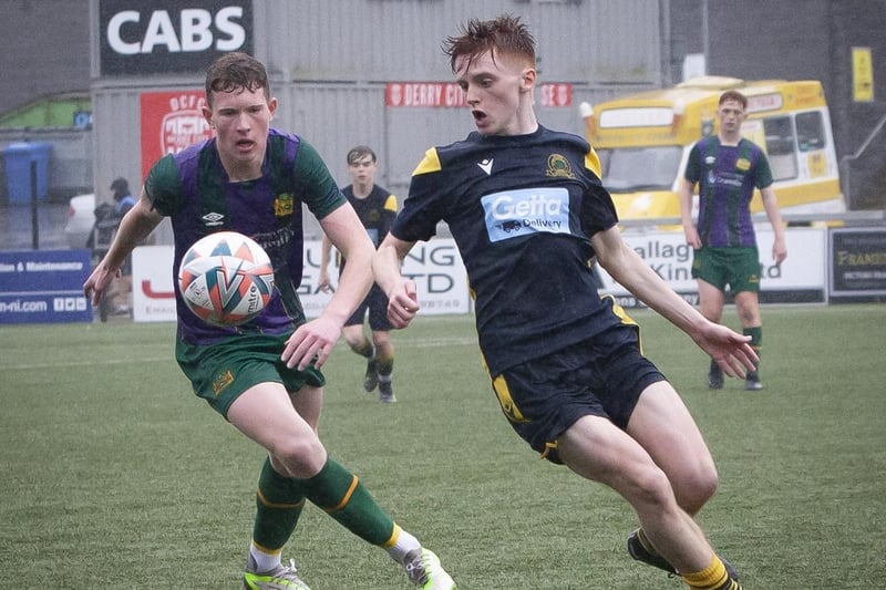Eyes on the ball between Don Boscos and Lourdes Celtic (Dublin) at the Brandywell in the 2023 Foyle Cup U16 final. (Photo: Jim McCafferty)