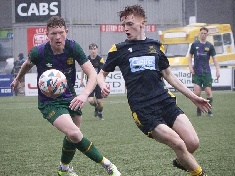 Eyes on the ball between Don Boscos and Lourdes Celtic (Dublin) at the Brandywell in the 2023 Foyle Cup U16 final. (Photo: Jim McCafferty)
