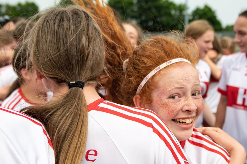 10 June 2023; Derry players celebrate after the 2023 All-Ireland U14 Gold Final against Tipperary at Clan na Gael GAA Club in Dundalk, Louth. Photo by Stephen Marken/Sportsfile