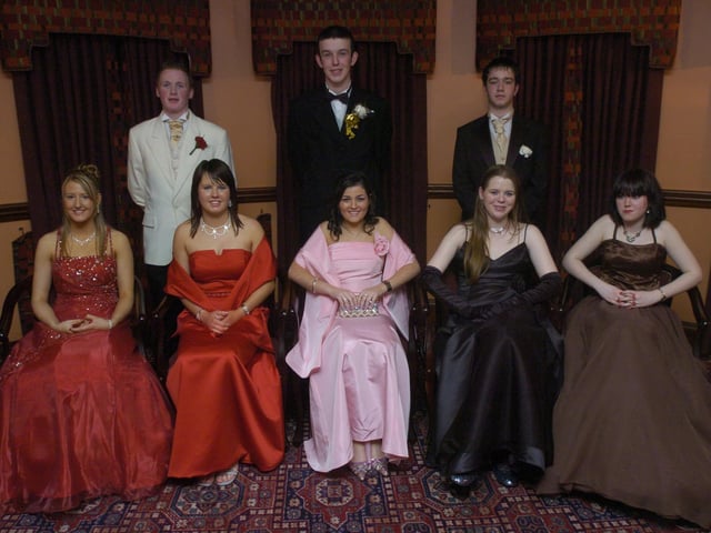 Seated, from left, Bernadette Kearney, Niamh McGlynn, Christina McCallion, Seana McDaid, and Louise Spokes. Standing, from left, Cathal Crossan, Kevin Porter, and Cathal O'Sullivan. (1801PG11) : Scoil Mhuire Formal  in January 2005.