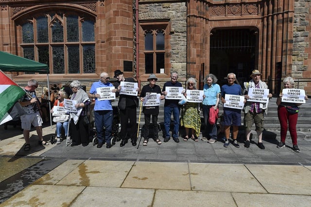 Veteran Civil and Human Rights campaigners at the Defend the Right to Protest Rally held in Guildhall Square on Saturday afternoon. Photo: George Sweeney
