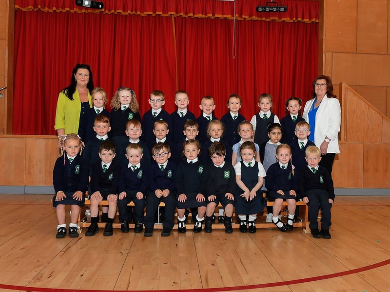 Mrs Dooley, teacher, and Miss McGowan’s P1 class at St Patrick’s Primary School.