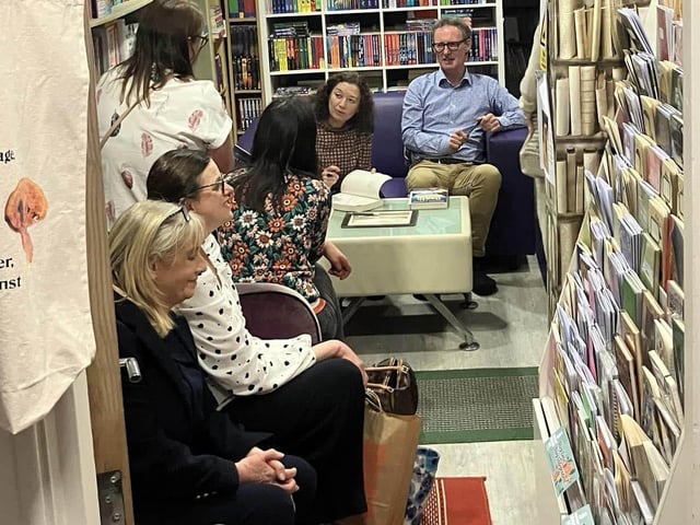 The book signing queue with Andrea Carter and Neil Hegarty at Little Acorns.