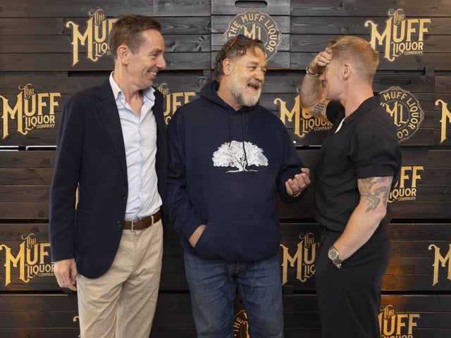 Ronan Keating, Russell Crowe, and Ryan Tubridy Russell Crowe, Ronan Keating and Ryan Tubridy amongst the celebrity investors attending the opening of new €1 million Brand Home for The Muff Liquor Company in the village of Muff in Co. Donegal. Company confirms first order of 30,000 bottles for the US market. Photo by Joe Dunne "Free Reproduction"