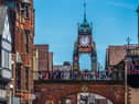 Turret clock built in Victorian times above a Georgian arch, listed as a historic landmark, in the city of Chester. Picture: Geoff Eccles - stock.adobe.com