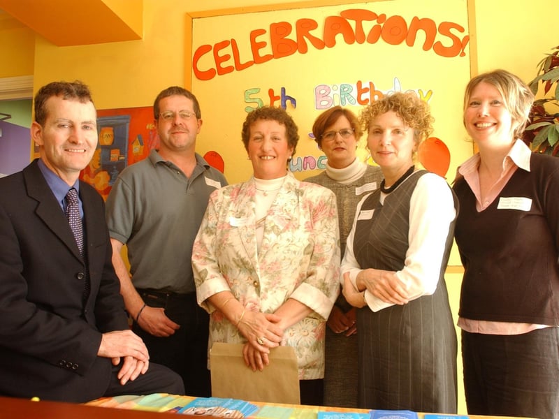 Group pictured at the launch of the Fathers Project and the 5th birthday of Foyle Newpin as Jasmine Court. Included from left, are Paul Gorman, Father's Project Worker, Colin Fowler, Men's Project, Noreen Sweeney, centre co-ordinator, Jacqui Lederer, head of clinical development, Marie Abbot, programme manager, and Carolyn Martin, National
Newpin. (1605A04)