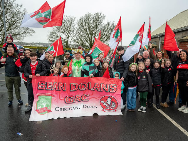 The Deputy Mayor, Alderman Nyree McMorris pictured with Sean Dolans GAC who led the parade in Derry
The annual St. Patrick’s Day Spring Carnival took to the streets of Derry on Tuesday as the annual celebration brought entertainers into the city centre before a parade watched by thousands made its way down Shipquay Street past the historic Guildhall. Picture Martin McKeown. 17.03.26