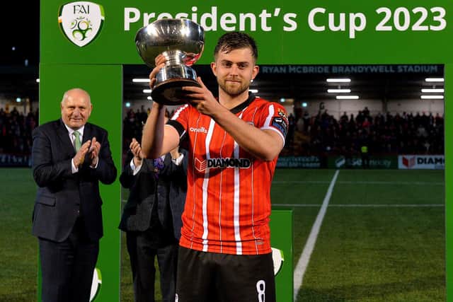 Derry City captain Will Patching with the President’s Cup after their victory over Shamrock Rovers at the Brandywell 84