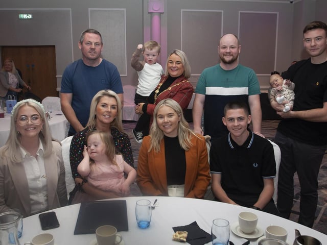 The Mayor Sandra Duffy pictured with Tiernan, Zara and their families at Tuesday night’s event.
