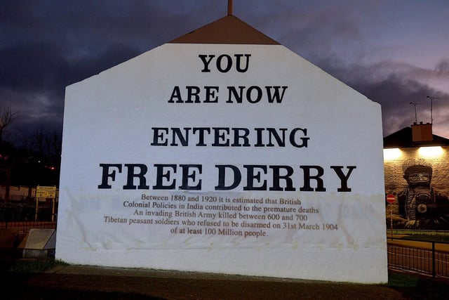One of the projected images, on Free Derry Corner on Thursday evening, of the British colonial past from the ‘The Sun Never Set And The Blood Never Dries’ art project created by Art Everywhere.  The event was part of Bloody Sunday 51 anniversary. Photo: George Sweeney. DER2305GS – 106
