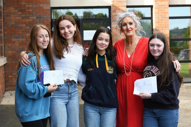 Thornhill College principal Sharon Mallett pictured with some of their high achieving GCSE students, from left, Fineen Doherty, Ella McGeady, Ellie Halpin and Hannah Molloy.