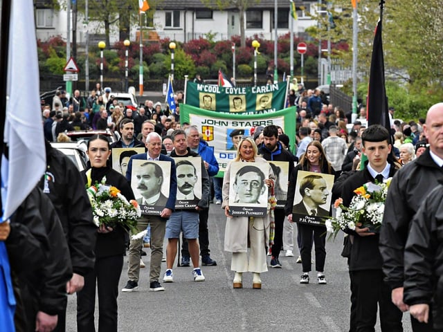 Sinn Fein’s commemoration of the 109th anniversary of the Easter Rising makes its way towards the City Cemetery on Sunday afternoon. Photo: George Sweeney. Photo: George Sweeney