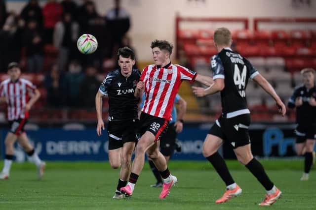 Terence Doherty of Derry City has a shot on goal during the SSE Airtricity Men's Premier Division match between Derry City and Dundalk at The Ryan McBride Brandywell Stadium in Derry. Photo by Matthew Harvey/Sportsfile