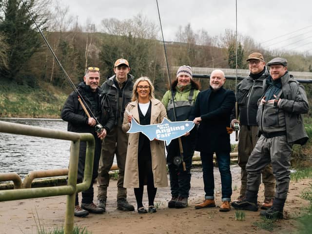 Launching the 2024 North West Angling are Kelsie Geddis, Angling and Fisheries Improvement Manager at Loughs Agency, Cllr Barney Harte, Chair of Council’s Business and Culture Committee, Stevie Munn, Irish Fly Fair, Fintan Carlin, Irish Junior Captain, Glenda Powell, Blackwater Lodge, Brendan Winters, Event Organiser, and Jarlath Winters, River Mourne Fishery.