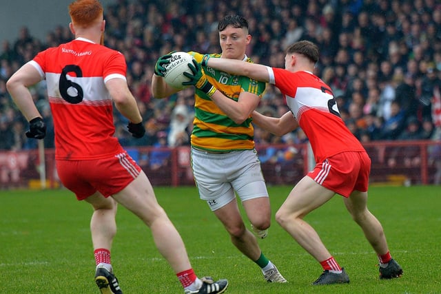 Glenullin’s Donal O’Kane is tackled by and Drumsurn pair Cahir Mullan and Fearghal McIntyre during the Derry IFC final in Celtic Part on Sunday afternoon last. Photo: George Sweeney.  DER2243GS – 040