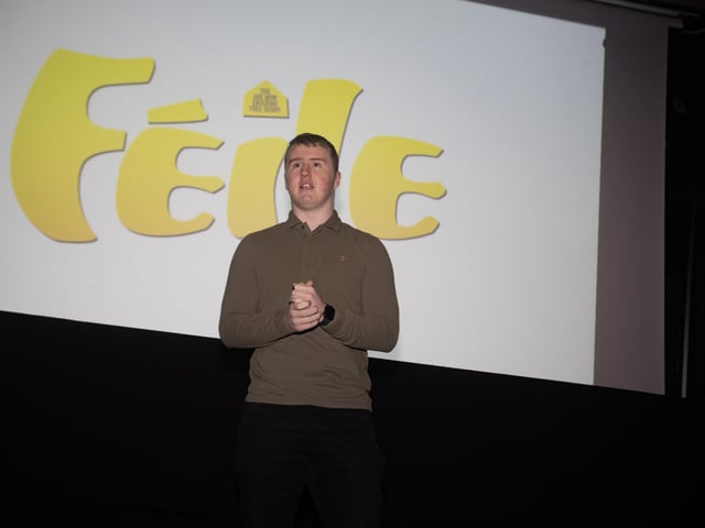 Derry kickboxer Conal McBrearty addresses the attendance at Monday's premiere.
