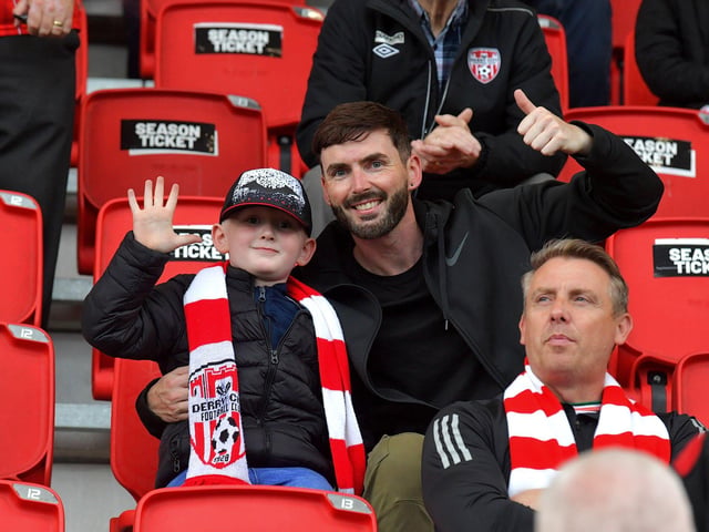 Fans pictured before the game gets underway between Derry City and Cork City on Friday evening. Photograph: George Sweeney. DER2325GS – 89